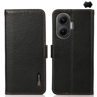 KHAZNEH Side-Magnetic Litchi Genuine Leather RFID Phone Case, For Redmi Note 17 4G Global 169.7mm, For Redmi Note 17 Pro+ 5G Global 163.4mm, For Redmi Note 17 Pro 5G Global 163.5mm, For Redmi K100 Pro Max/Poco F9 Ultra 5G                               ...