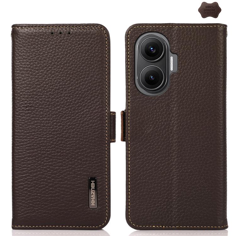 KHAZNEH Side-Magnetic Litchi Genuine Leather RFID Phone Case, For Redmi Note 17 4G Global 169.7mm, For Redmi Note 17 Pro+ 5G Global 163.4mm, For Redmi Note 17 Pro 5G Global 163.5mm, For Redmi K100 Pro Max/Poco F9 Ultra 5G                               ...