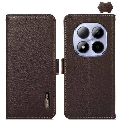 KHAZNEH Side-Magnetic Litchi Genuine Leather RFID Phone Case, For Redmi Note 17 4G Global 169.7mm, For Redmi Note 17 Pro+ 5G Global 163.4mm, For Redmi Note 17 Pro 5G Global 163.5mm, For Redmi K100 Pro Max/Poco F9 Ultra 5G                               ...