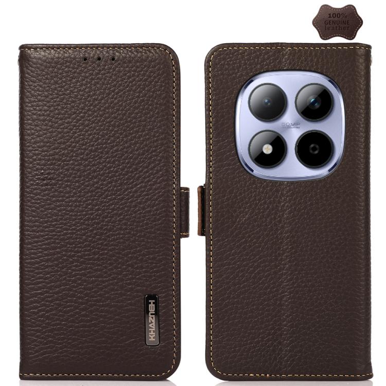 KHAZNEH Side-Magnetic Litchi Genuine Leather RFID Phone Case, For Redmi Note 17 4G Global 169.7mm, For Redmi Note 17 Pro+ 5G Global 163.4mm, For Redmi Note 17 Pro 5G Global 163.5mm, For Redmi K100 Pro Max/Poco F9 Ultra 5G                               ...