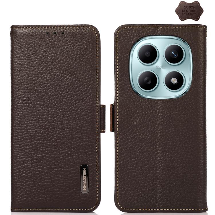 KHAZNEH Side-Magnetic Litchi Genuine Leather RFID Phone Case, For Redmi Note 17 4G Global 169.7mm, For Redmi Note 17 Pro+ 5G Global 163.4mm, For Redmi Note 17 Pro 5G Global 163.5mm, For Redmi K100 Pro Max/Poco F9 Ultra 5G                               ...