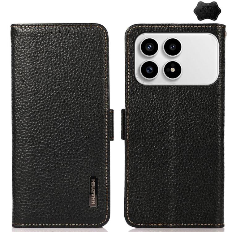 KHAZNEH Side-Magnetic Litchi Genuine Leather RFID Phone Case, For Redmi Note 17 4G Global 169.7mm, For Redmi Note 17 Pro+ 5G Global 163.4mm, For Redmi Note 17 Pro 5G Global 163.5mm, For Redmi K100 Pro Max/Poco F9 Ultra 5G                               ...