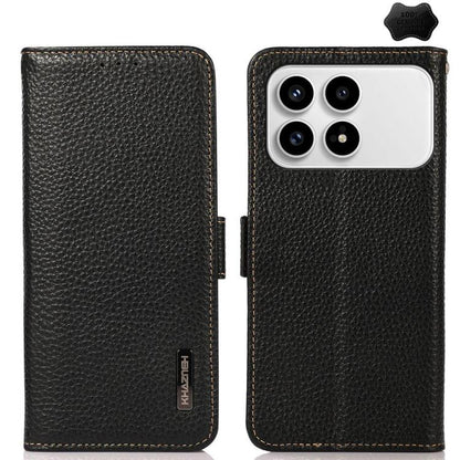 KHAZNEH Side-Magnetic Litchi Genuine Leather RFID Phone Case, For Redmi Note 17 4G Global 169.7mm, For Redmi Note 17 Pro+ 5G Global 163.4mm, For Redmi Note 17 Pro 5G Global 163.5mm, For Redmi K100 Pro Max/Poco F9 Ultra 5G                               ...