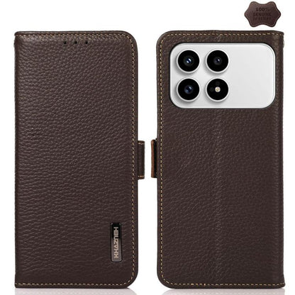 KHAZNEH Side-Magnetic Litchi Genuine Leather RFID Phone Case, For Redmi Note 17 4G Global 169.7mm, For Redmi Note 17 Pro+ 5G Global 163.4mm, For Redmi Note 17 Pro 5G Global 163.5mm, For Redmi K100 Pro Max/Poco F9 Ultra 5G                               ...