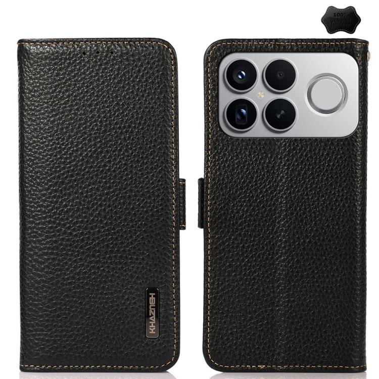 KHAZNEH Side-Magnetic Litchi Genuine Leather RFID Phone Case, For Redmi Note 17 4G Global 169.7mm, For Redmi Note 17 Pro+ 5G Global 163.4mm, For Redmi Note 17 Pro 5G Global 163.5mm, For Redmi K100 Pro Max/Poco F9 Ultra 5G                               ...