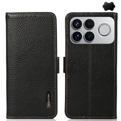 KHAZNEH Side-Magnetic Litchi Genuine Leather RFID Phone Case, For Redmi Note 17 4G Global 169.7mm, For Redmi Note 17 Pro+ 5G Global 163.4mm, For Redmi Note 17 Pro 5G Global 163.5mm, For Redmi K100 Pro Max/Poco F9 Ultra 5G                               ...