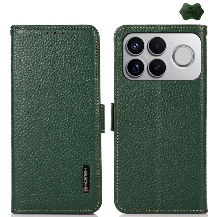 KHAZNEH Side-Magnetic Litchi Genuine Leather RFID Phone Case, For Redmi Note 17 4G Global 169.7mm, For Redmi Note 17 Pro+ 5G Global 163.4mm, For Redmi Note 17 Pro 5G Global 163.5mm, For Redmi K100 Pro Max/Poco F9 Ultra 5G                               ...