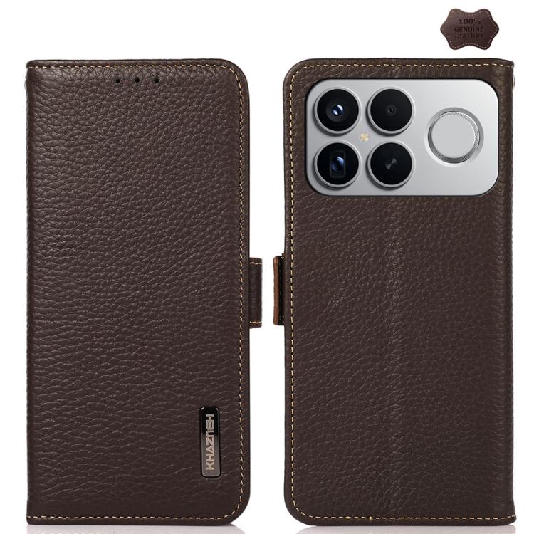 KHAZNEH Side-Magnetic Litchi Genuine Leather RFID Phone Case, For Redmi Note 17 4G Global 169.7mm, For Redmi Note 17 Pro+ 5G Global 163.4mm, For Redmi Note 17 Pro 5G Global 163.5mm, For Redmi K100 Pro Max/Poco F9 Ultra 5G                               ...
