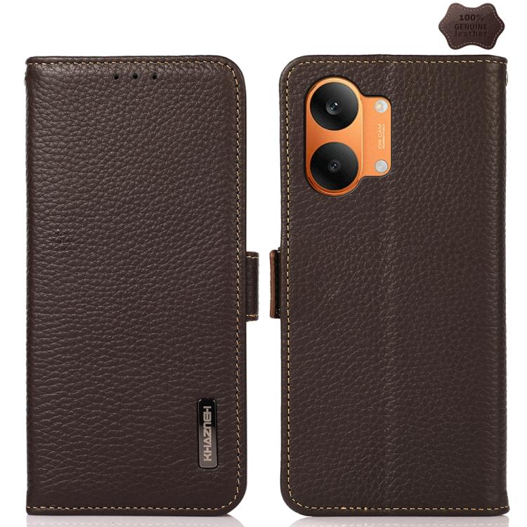 KHAZNEH Side-Magnetic Litchi Genuine Leather RFID Phone Case, For Redmi Note 17 4G Global 169.7mm, For Redmi Note 17 Pro+ 5G Global 163.4mm, For Redmi Note 17 Pro 5G Global 163.5mm, For Redmi K100 Pro Max/Poco F9 Ultra 5G                               ...