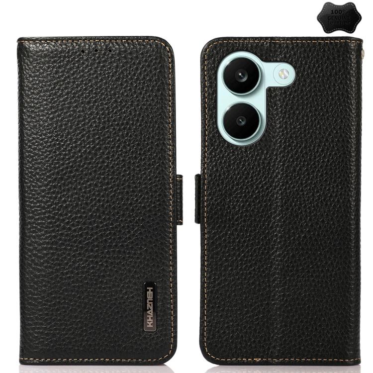 KHAZNEH Side-Magnetic Litchi Genuine Leather RFID Phone Case, For Redmi Note 17 4G Global 169.7mm, For Redmi Note 17 Pro+ 5G Global 163.4mm, For Redmi Note 17 Pro 5G Global 163.5mm, For Redmi K100 Pro Max/Poco F9 Ultra 5G                               ...