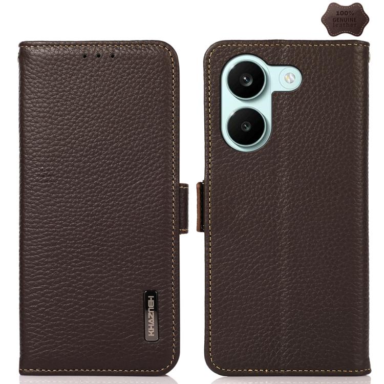 KHAZNEH Side-Magnetic Litchi Genuine Leather RFID Phone Case, For Redmi Note 17 4G Global 169.7mm, For Redmi Note 17 Pro+ 5G Global 163.4mm, For Redmi Note 17 Pro 5G Global 163.5mm, For Redmi K100 Pro Max/Poco F9 Ultra 5G                               ...
