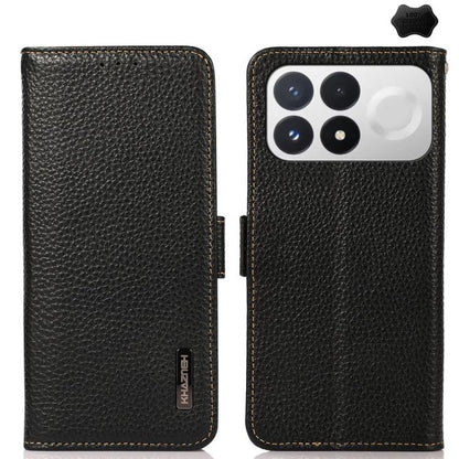 KHAZNEH Side-Magnetic Litchi Genuine Leather RFID Phone Case, For Redmi Note 17 4G Global 169.7mm, For Redmi Note 17 Pro+ 5G Global 163.4mm, For Redmi Note 17 Pro 5G Global 163.5mm, For Redmi K100 Pro Max/Poco F9 Ultra 5G                               ...