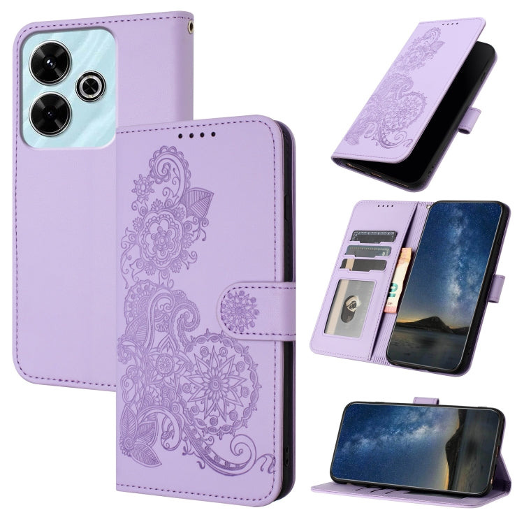 Lavender flower-embossed flip leather phone case with card holder and camera cutouts