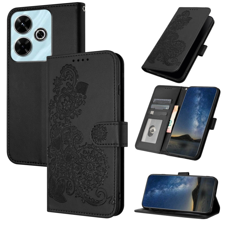 Black embossed flower flip leather phone case with card slots and magnetic closure