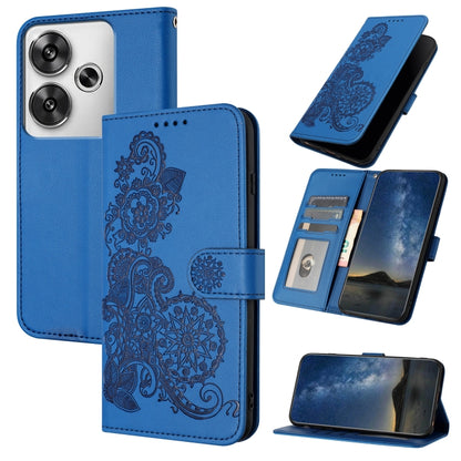 Blue embossed flower flip leather phone case with card slots and magnetic closure