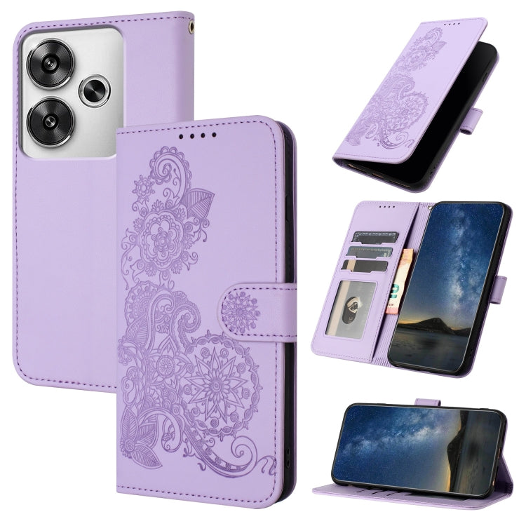 Purple embossed flower flip leather phone case with card slots and magnetic closure