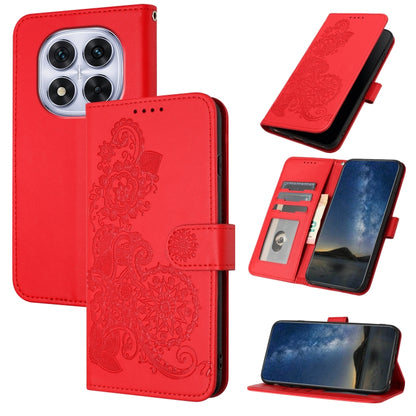 Red embossed flip leather phone case with floral filigree and card slots