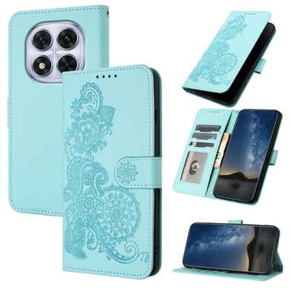 Light blue embossed flip leather phone case with floral filigree and card slots