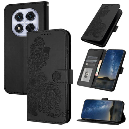 Black flower-embossed flip leather phone case with card holder and camera cutouts
