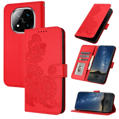 Red flip leather phone case, embossed flower design, card slots and magnetic closure