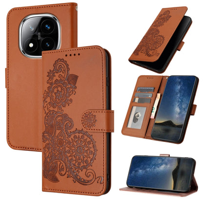 Brown embossed flip leather phone case with floral filigree and card slots