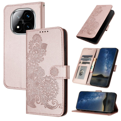 Rose pink embossed flip leather phone case with floral filigree and card slots
