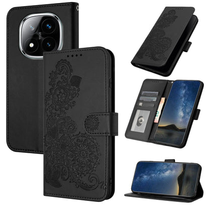 Black embossed flip leather phone case with floral filigree and card slots