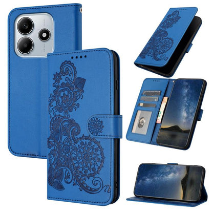 Blue flip wallet phone case with embossed floral pattern, magnetic closure, card slots