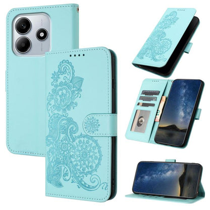 Light blue flip wallet phone case with embossed floral pattern, magnetic closure, card slots