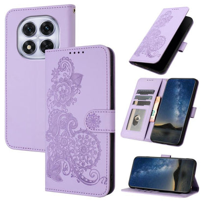 Purple floral embossed flip leather phone case with magnetic strap and card slots