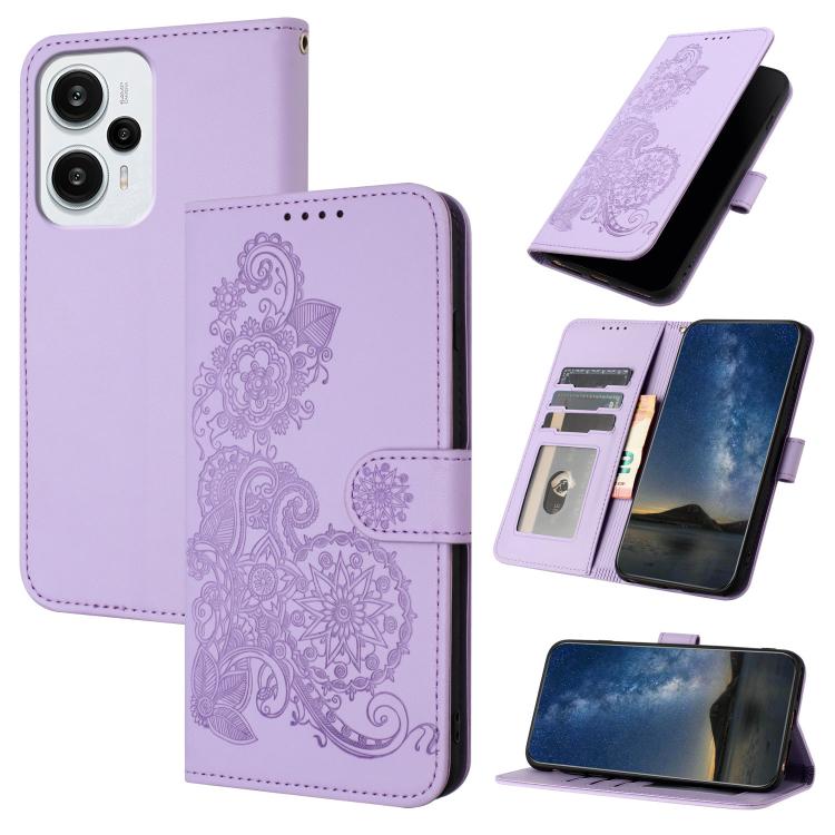 Lavender purple embossed floral flip leather phone case with card holder and viewing window