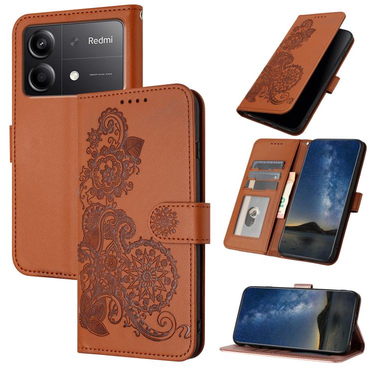 Brown Datura flower embossed flip leather phone case with card slots and magnetic flap