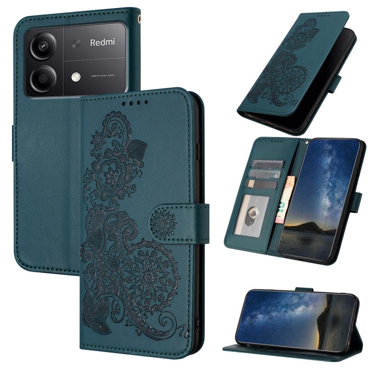 Dark green Datura flower embossed flip leather phone case with card slots and magnetic flap
