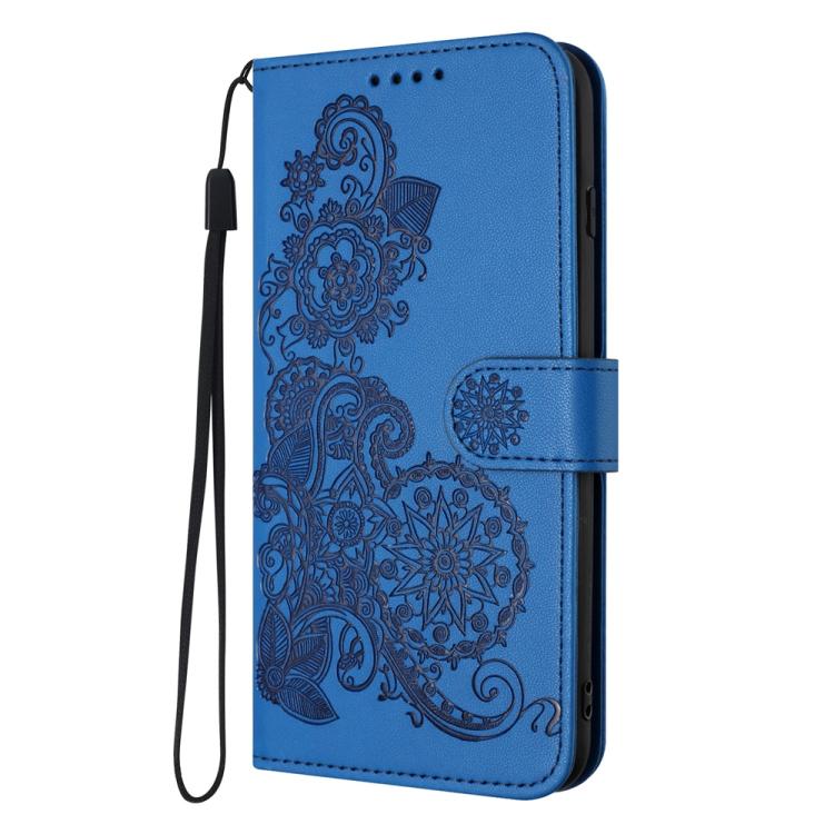 Blue embossed floral flip leather phone case with wrist strap and cutout access