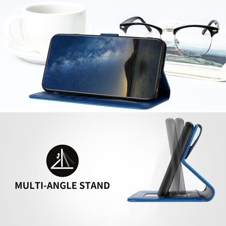 Blue flip leather phone case with embossed floral design, multi-angle stand shown