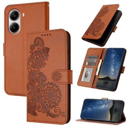 Brown embossed floral flip leather phone case with card slots and magnetic closure