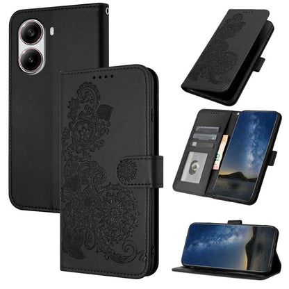 Black floral embossed flip leather phone case with magnetic strap and card slots