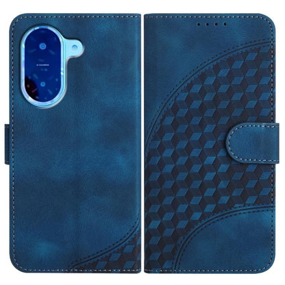 Blue phone leather wallet case with geometric texture and front camera cutout