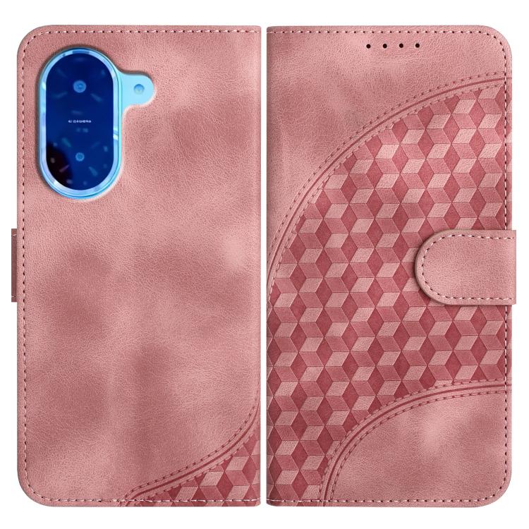 Pink phone leather wallet case with geometric pattern and front camera cutout