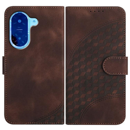 Brown phone leather wallet case with geometric texture and front camera cutout