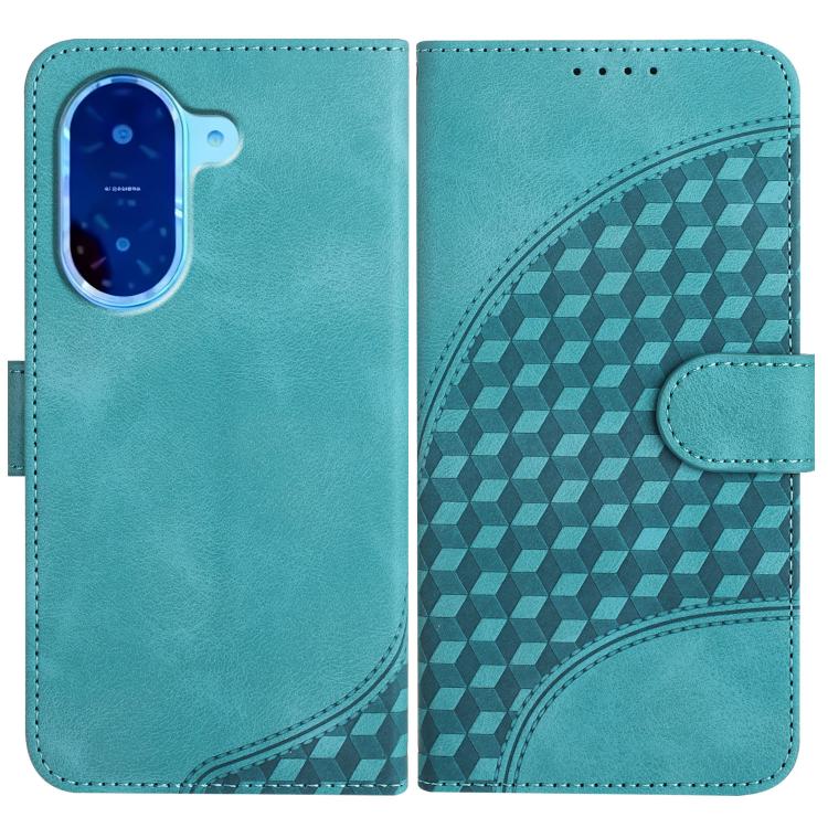 Teal phone leather wallet case with geometric pattern and front camera cutout