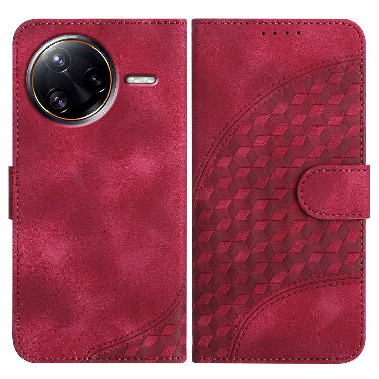 Burgundy phone leather wallet case with geometric pattern and camera cutout