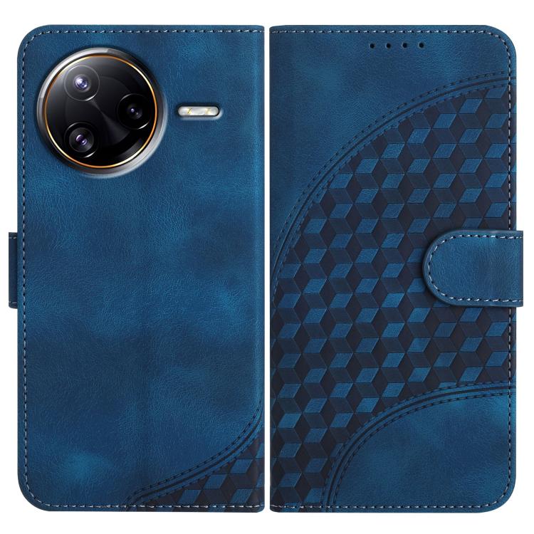 Dark blue phone leather wallet case with geometric pattern and front camera cutout
