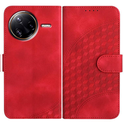 Red leather wallet phone case with embossed geometric pattern and front cover strap