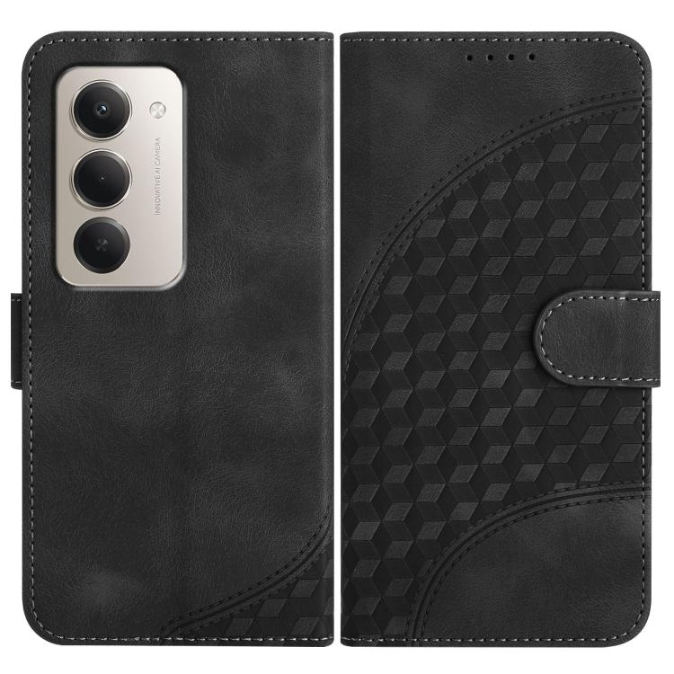 Black leather wallet phone case with geometric embossed pattern and side strap