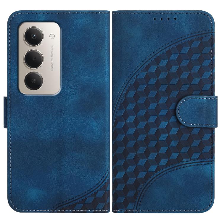 Blue leather wallet phone case with geometric embossed pattern and side strap
