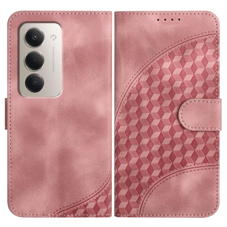 Pink leather wallet phone case with geometric embossed pattern and side strap