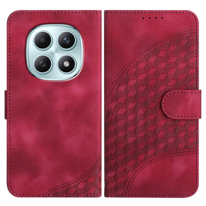 Red leather phone case with embossed geometric back, flip cover and card slot.