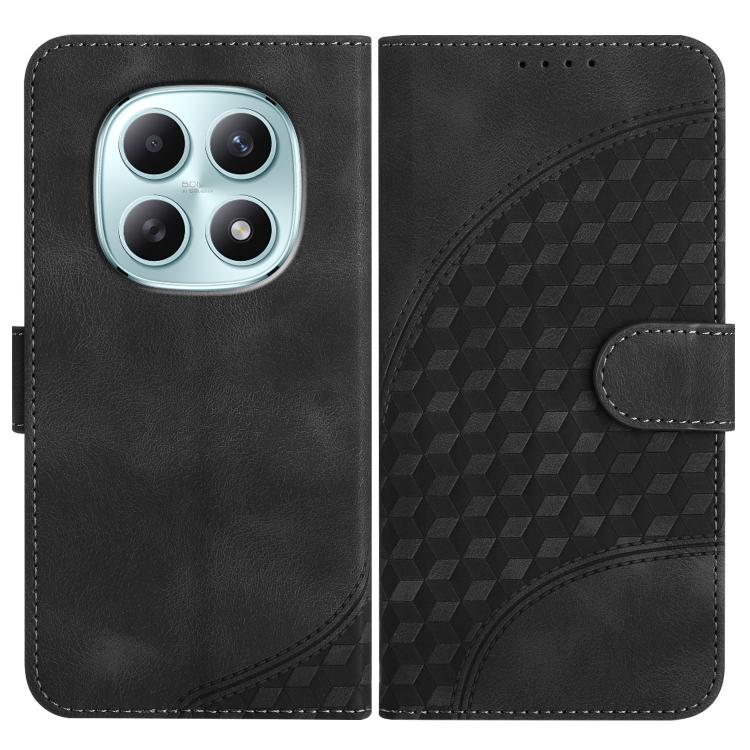 Black leather phone case with embossed geometric back, flip cover and card slot.