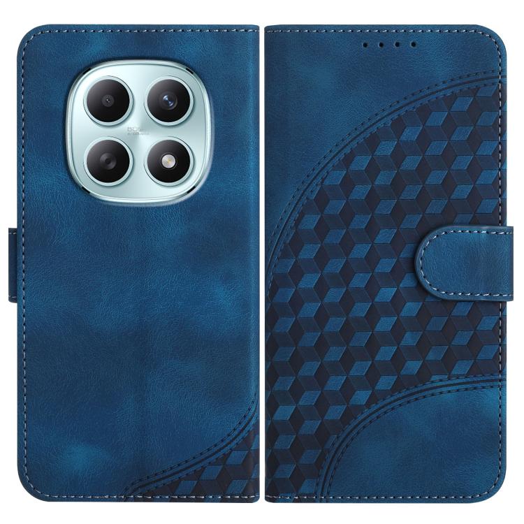 Blue leather phone case with embossed geometric back, flip cover and card slot.